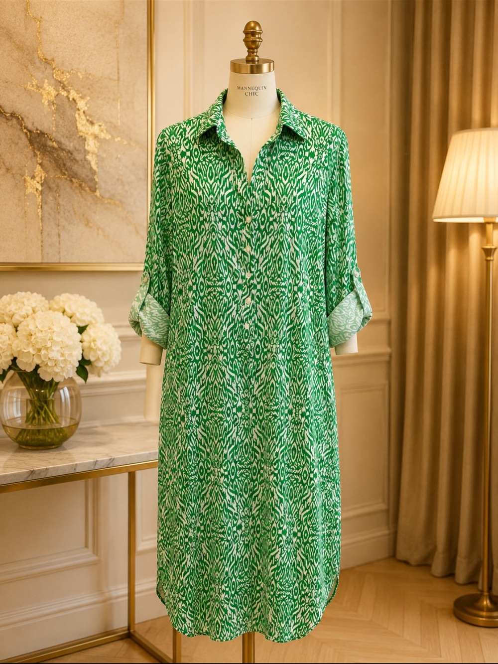 Green Printed Long Sleeve Shirt Dress - Picture 2 of 4